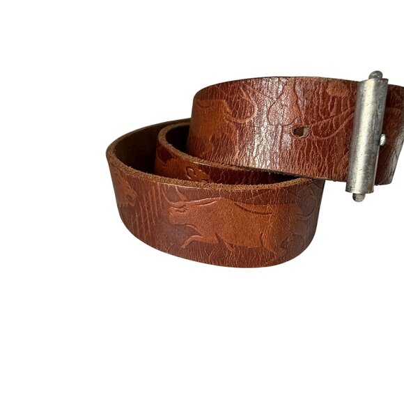 VTG Leather Embossed Animal Print Western Boho Belt Silver Buckle Womens Brown main image 5